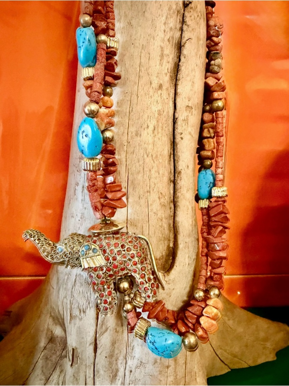 Vintage Tibetan Elephant Necklace Coral Turquoise Inlay Statement Jewelry Rare